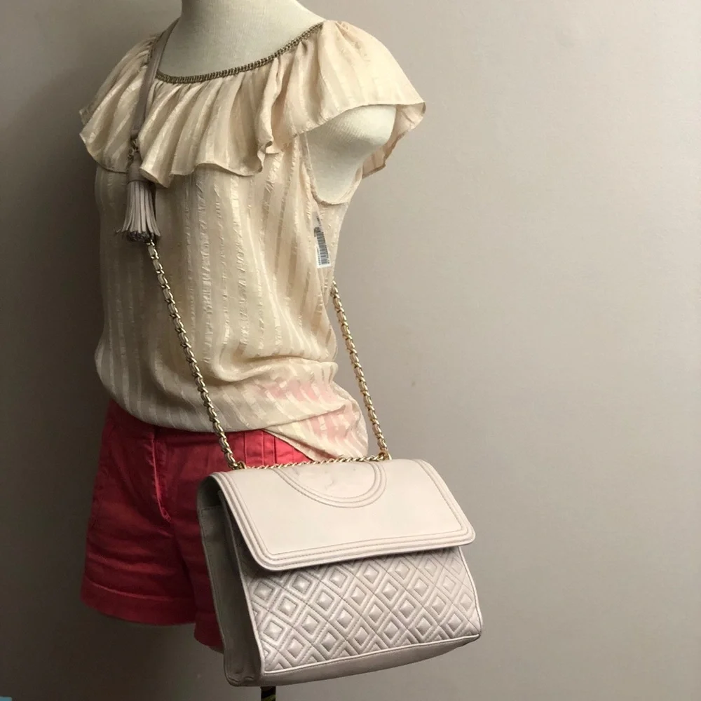 Tory Burch Soft Pink Quilted Leather Crossbody with Gold Chain